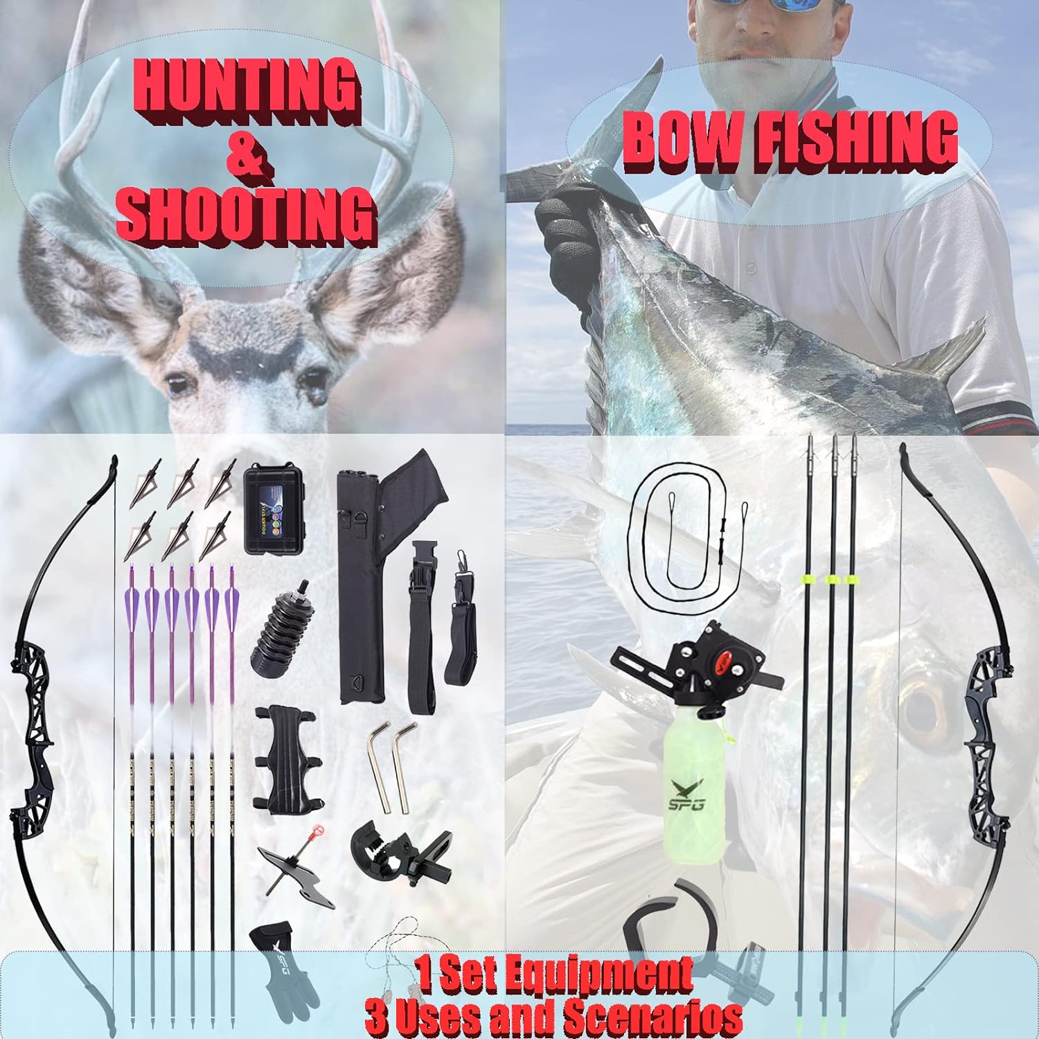 BRAND, CATEGORY, RECURVE BOWS, SOPOGER, SOPOGER Bowfishing Recurve Bows Set - Archery Bow Kits Package Dual Use for Adult Hunting Practice Shooting Fish with Solid Fishing Arrows and Bowfishing Bottle Reels