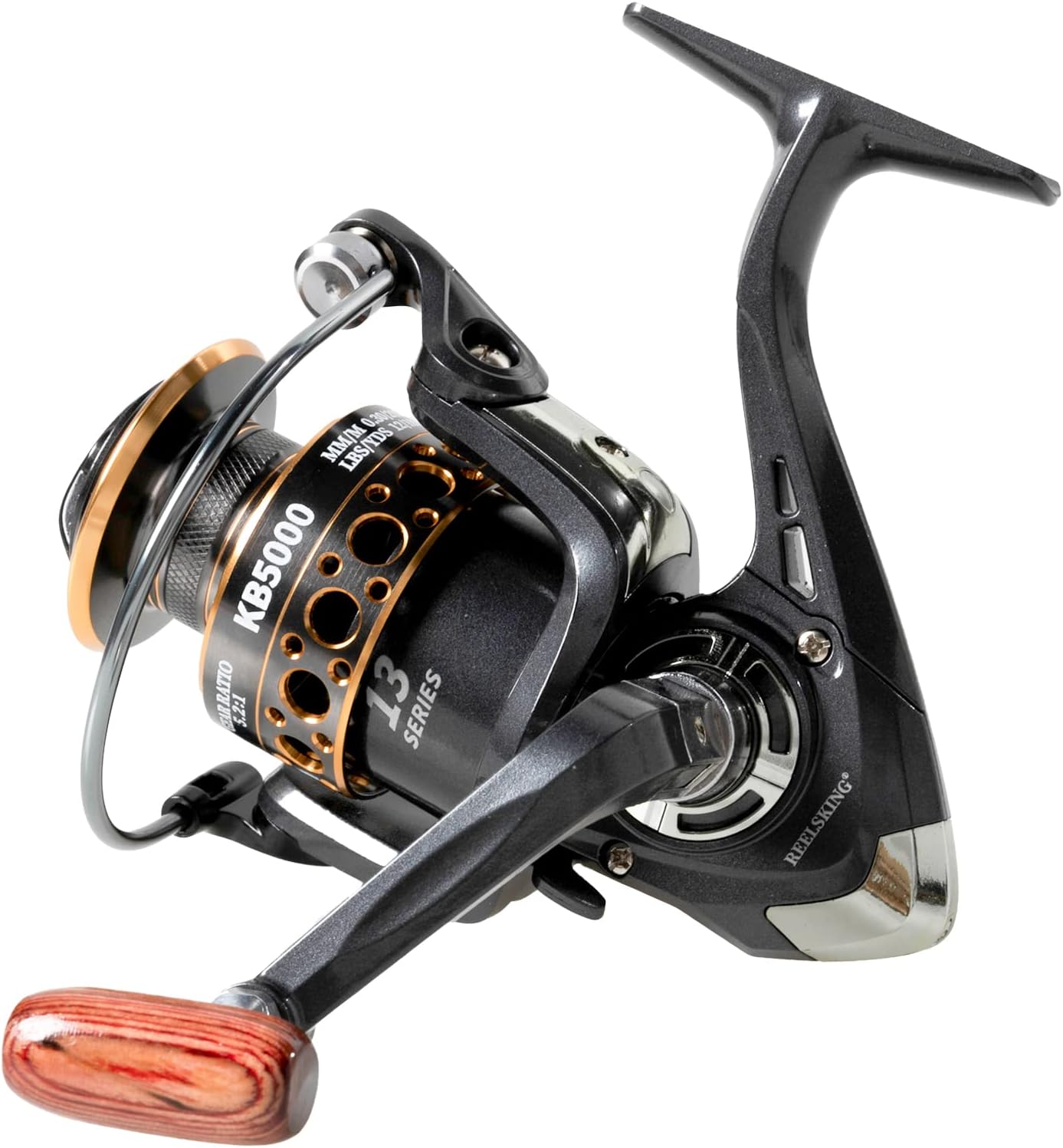 BRAND, CATEGORY, KUIFA, REELS, Spinning Fishing Reels with Left/Right Interchangeable Collapsible Wood Handle Powerful Metal Body 5.2:1 Gear Ratio Smooth 13BB CNC Aluminum Spool for Saltwater Freshwater (3000) Black/Gold