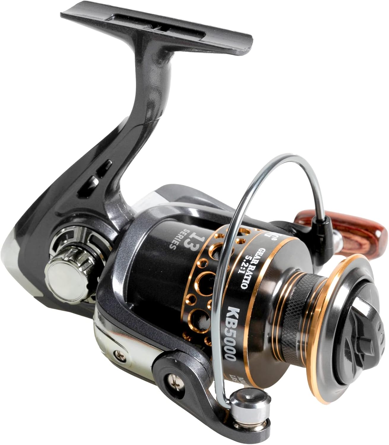 BRAND, CATEGORY, KUIFA, REELS, Spinning Fishing Reels with Left/Right Interchangeable Collapsible Wood Handle Powerful Metal Body 5.2:1 Gear Ratio Smooth 13BB CNC Aluminum Spool for Saltwater Freshwater (3000) Black/Gold