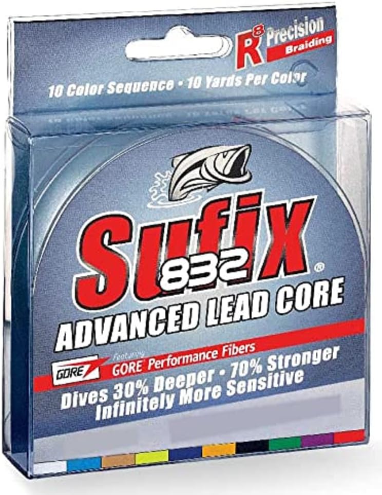 BRAND, CATEGORY, LEAD CORE & WIRE LINE, SUFIX, Sufix 832 Lead Core, metered Multi-Colored (12 pound/100 Yard Spool)