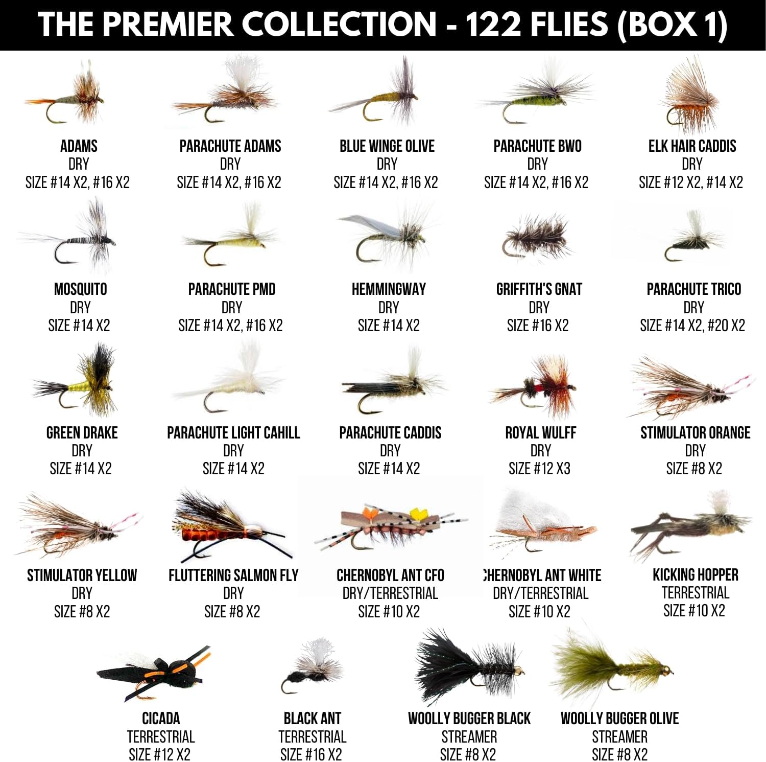 BRAND, CATEGORY, DRY FLIES, VENTURES FLY CO., Ventures Fly Co. | 122 Premium Hand Tied Fly Fishing Flies Assortment | Two Fly Boxes Included | Dry, Wet, Nymphs, Streamers, Wooly Buggers, Terrestrials | Trout, Bass Lure Set, Kit, Gift