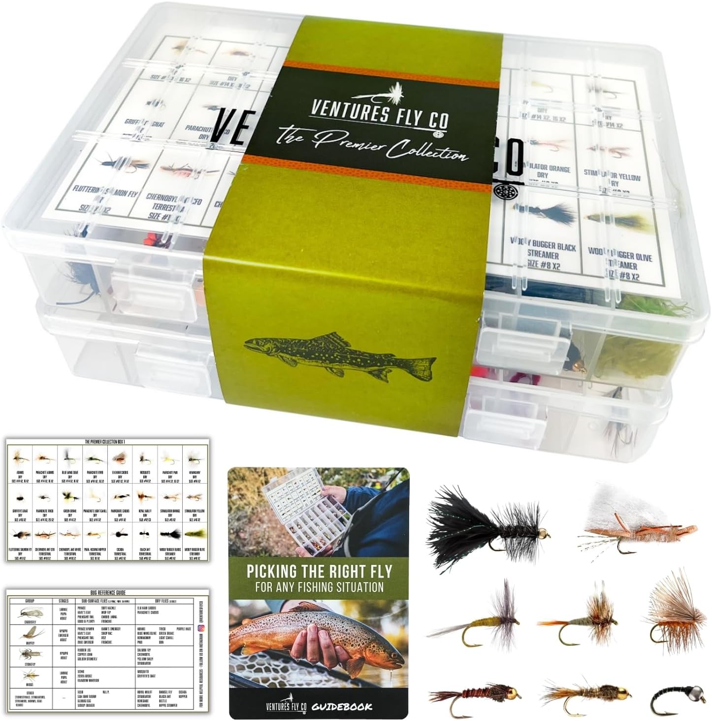 BRAND, CATEGORY, DRY FLIES, VENTURES FLY CO., Ventures Fly Co. | 122 Premium Hand Tied Fly Fishing Flies Assortment | Two Fly Boxes Included | Dry, Wet, Nymphs, Streamers, Wooly Buggers, Terrestrials | Trout, Bass Lure Set, Kit, Gift