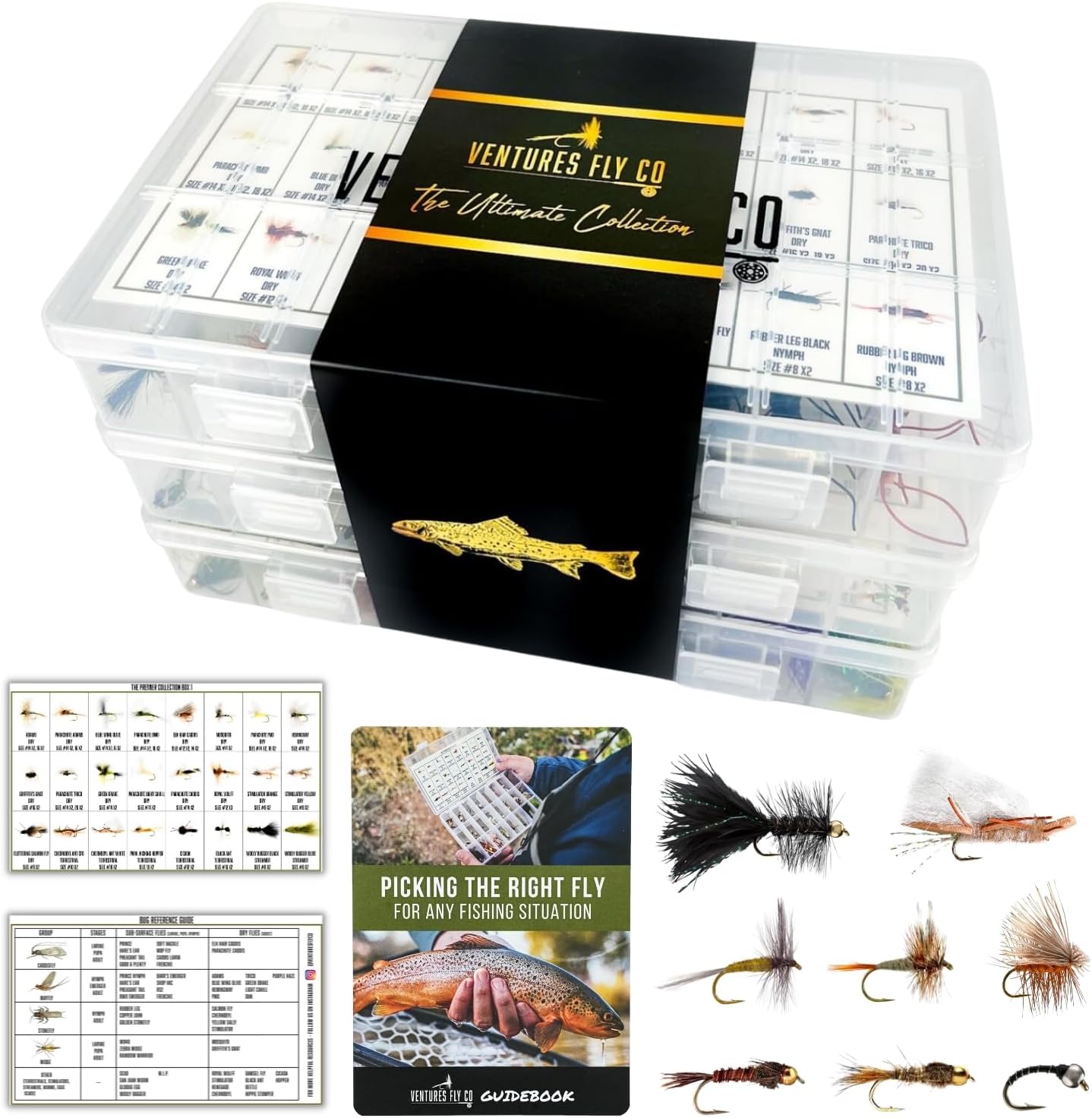 BRAND, CATEGORY, DRY FLIES, VENTURES FLY CO., Ventures Fly Co. | 200 Premium Hand Tied Fly Fishing Flies Assortment | Three Fly Boxes Included | Dry, Wet, Nymphs, Streamers, Wooly Buggers, Terrestrials | Trout, Bass Lure Set, Kit