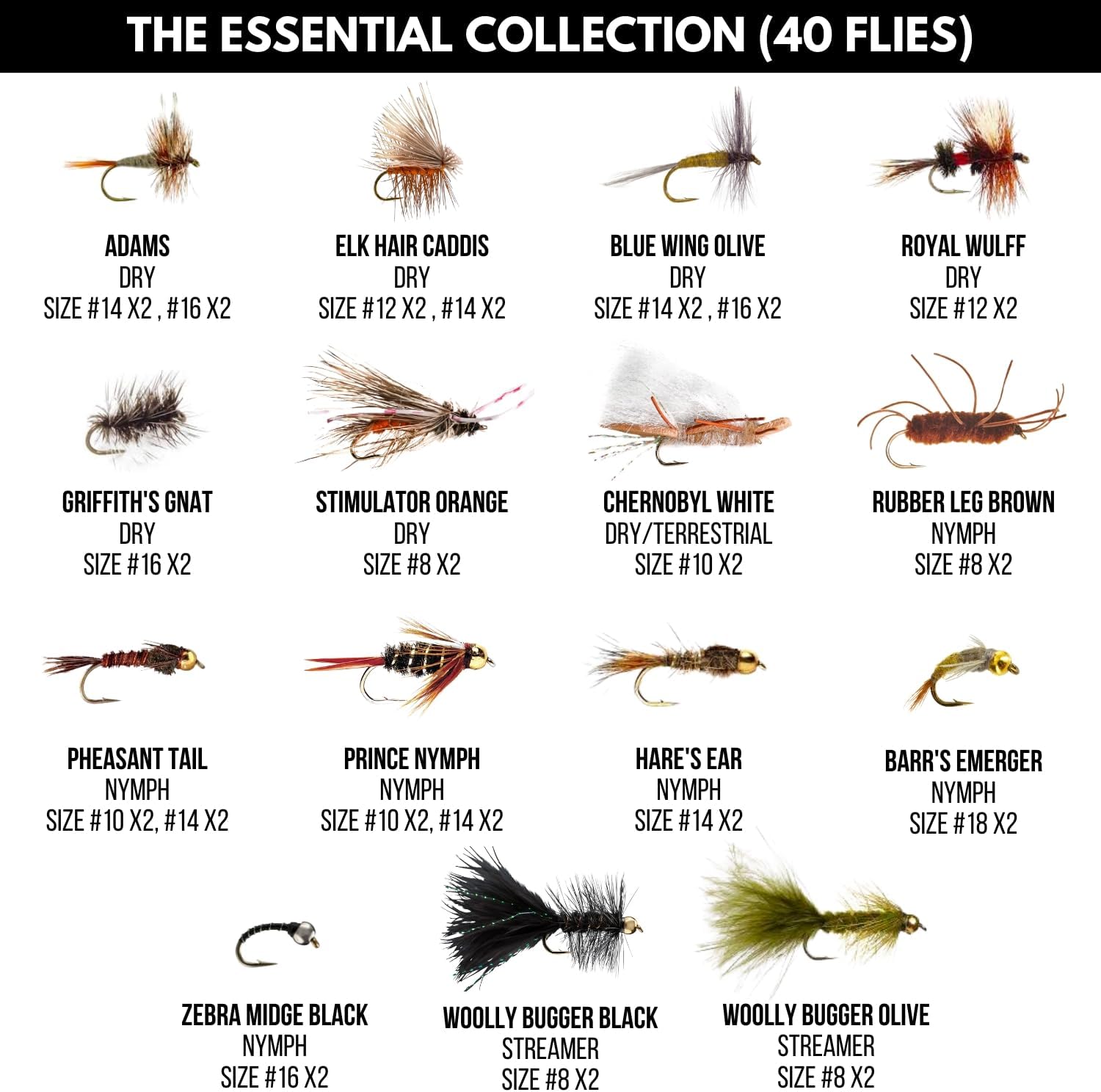 BRAND, CATEGORY, DRY FLIES, VENTURES FLY CO., Ventures Fly Co. | 40 Premium Hand Tied Fly Fishing Flies Assortment | Fly Box Included | Dry, Wet, Nymphs, Streamers, Wooly Buggers, Terrestrials | Trout, Bass Lure Set, Kit