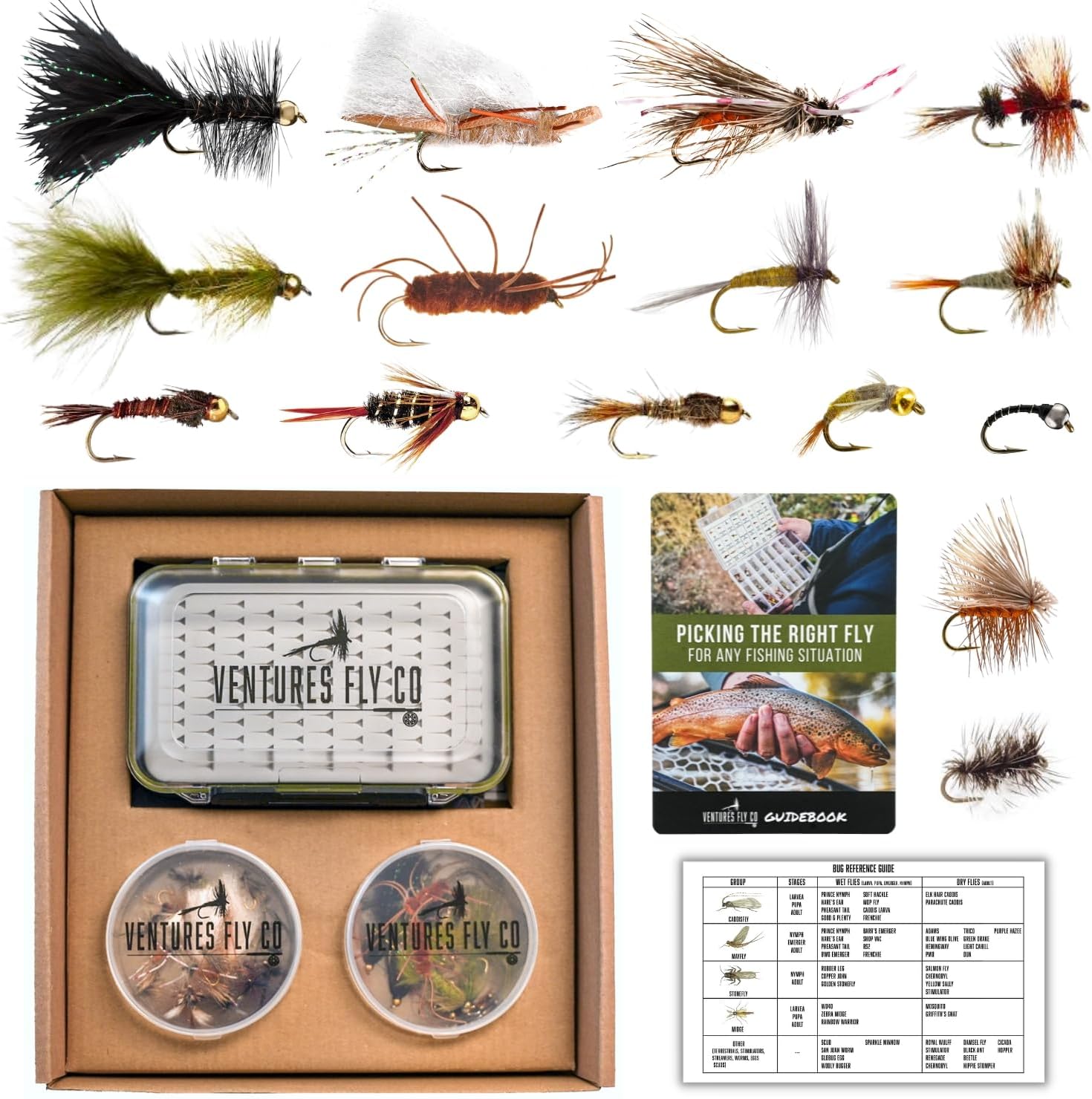 BRAND, CATEGORY, DRY FLIES, VENTURES FLY CO., Ventures Fly Co. | 40 Premium Hand Tied Fly Fishing Flies Assortment | Fly Box Included | Dry, Wet, Nymphs, Streamers, Wooly Buggers, Terrestrials | Trout, Bass Lure Set, Kit