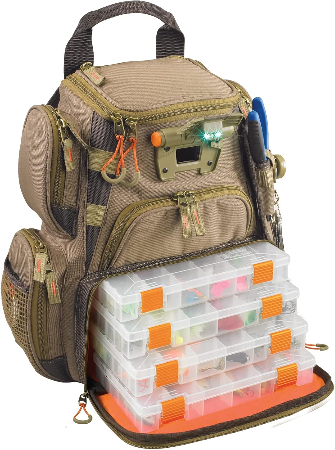 BRAND, CATEGORY, TACKLE STORAGE BAGS & WRAPS, WILD RIVER, Wild River by CLC WT3503 Tackle Tek Recon Lighted Compact Tackle Backpack & Four PT3500 Trays, Clear, Water-Resistant Phone Storage,Beige , 12.75 x 6.75 x 15 "