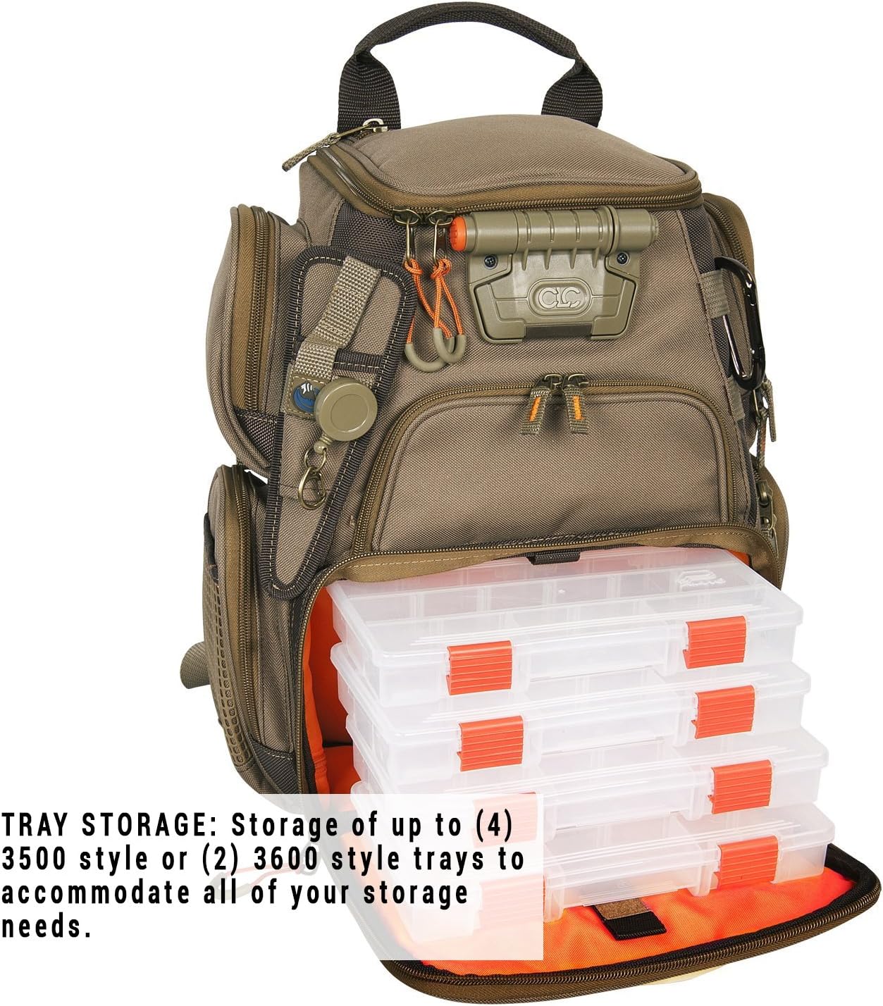 BRAND, CATEGORY, TACKLE STORAGE BAGS & WRAPS, WILD RIVER, Wild River by CLC WT3503 Tackle Tek Recon Lighted Compact Tackle Backpack & Four PT3500 Trays, Clear, Water-Resistant Phone Storage,Beige , 12.75 x 6.75 x 15 "