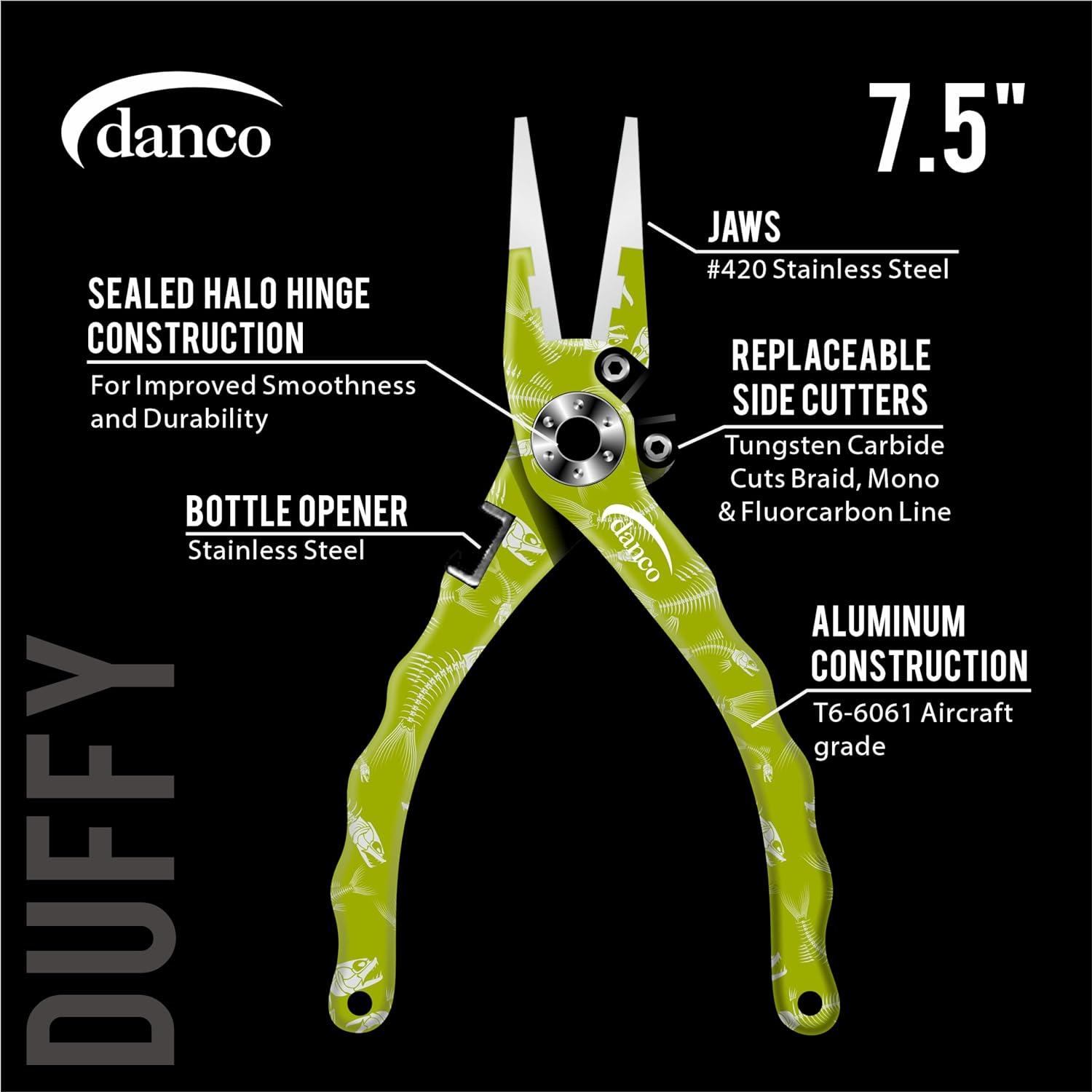 BRAND, CATEGORY, DANCO, PLIERS & HOOK REMOVERS, danco duffy 7.5-inch Fishing Pliers with Replaceable Line Cutters, Aircraft Grade Aluminum Fishing Gear, Saltwater Resistant Fishing Tools, Rubberized Paint Coating (Chartreuse Fish Skeleton)