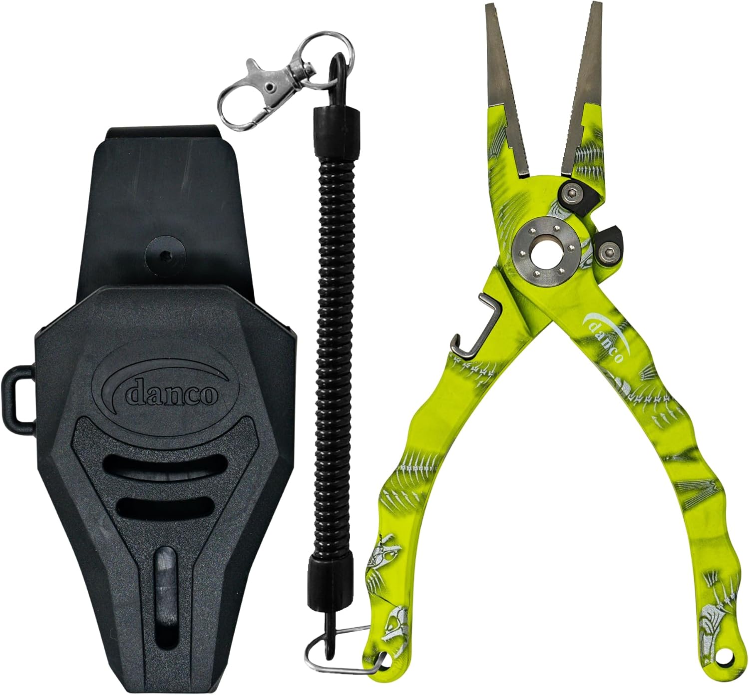 BRAND, CATEGORY, DANCO, PLIERS & HOOK REMOVERS, danco duffy 7.5-inch Fishing Pliers with Replaceable Line Cutters, Aircraft Grade Aluminum Fishing Gear, Saltwater Resistant Fishing Tools, Rubberized Paint Coating (Chartreuse Fish Skeleton)