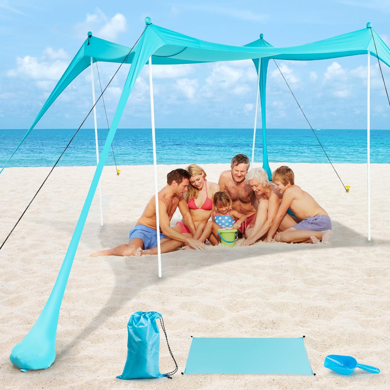 BRAND, CATEGORY, DELI, SUN SHELTERS, deli Beach Tent, Beach Canopy with UPF50+ Protection, Foldable Poles, 2 in 1 Beach Blanket, Carrying Bag,Sand Shovel,10x10FT Beach Tent Sun Shelter for Backyard Fun, Camping Or Picnics，Easy to Setup